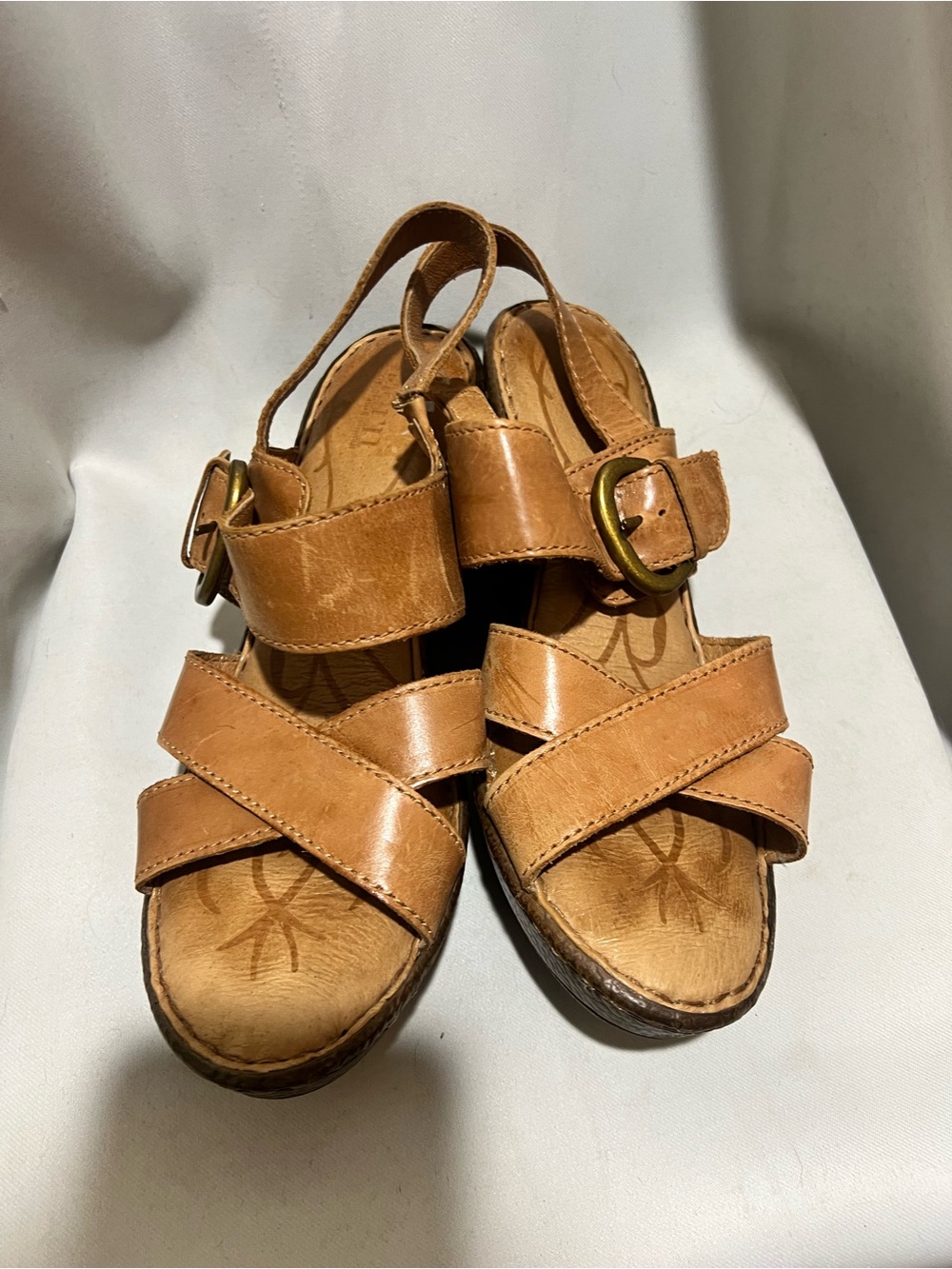 Born Leather Wedge Sandals Women’s Size 8M Cognac Brown Buckle Comfort Slingback - Picture 5 of 8